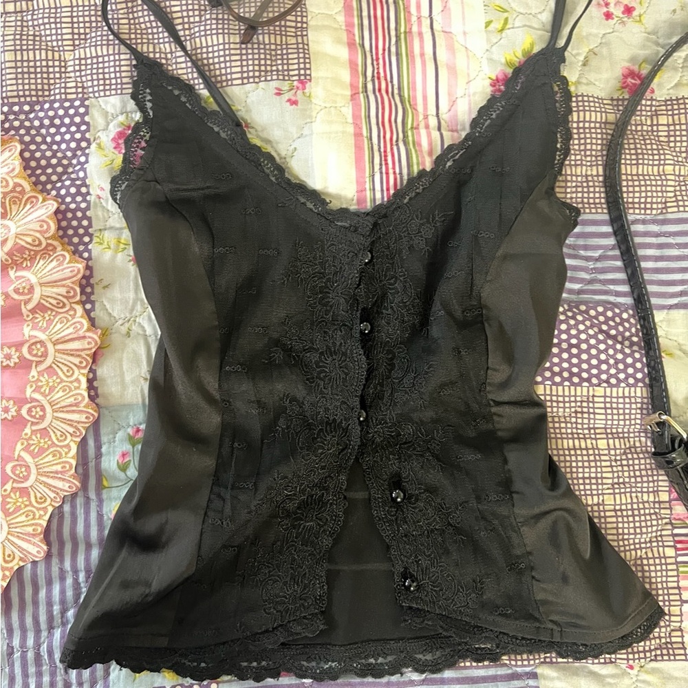 Y2K Black Lace Trim Button Up Camisole Top